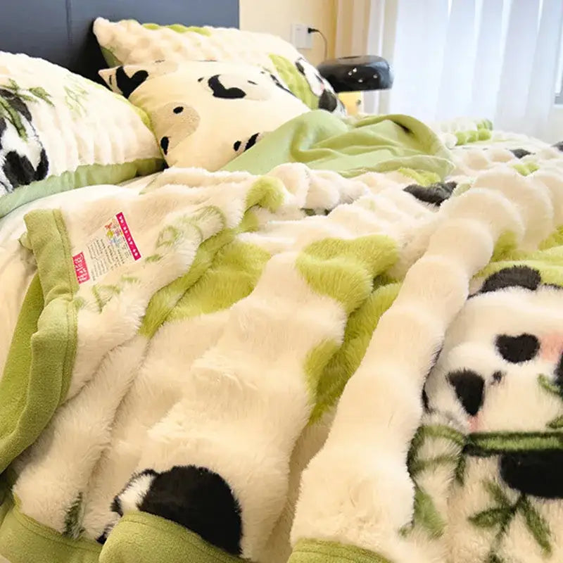 White and green cartoon printed faux rabbit plush blanket bedroom