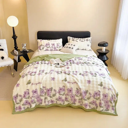 White and green cartoon printed faux rabbit plush blanket bedroom