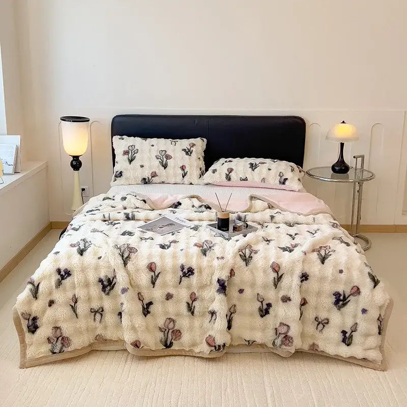 White and green cartoon printed faux rabbit plush blanket bedroom