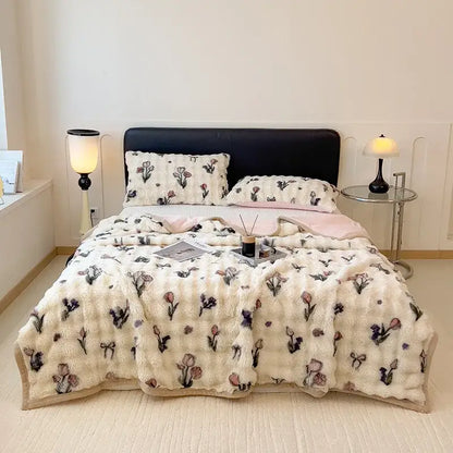 White and green cartoon printed faux rabbit plush blanket bedroom