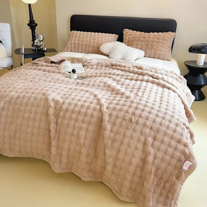 White and green cartoon printed faux rabbit plush blanket bedroom