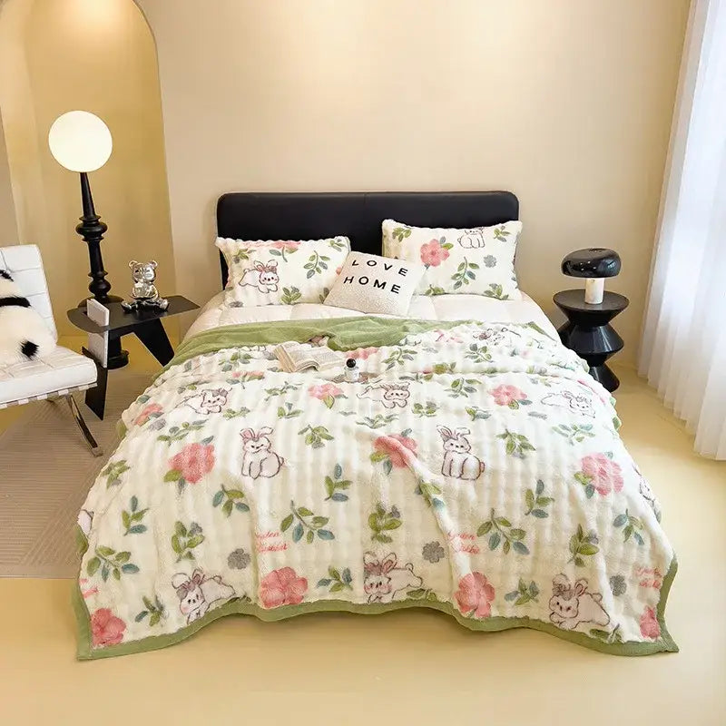 White and green cartoon printed faux rabbit plush blanket bedroom
