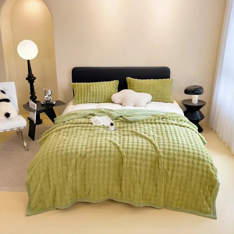 White and green cartoon printed faux rabbit plush blanket bedroom