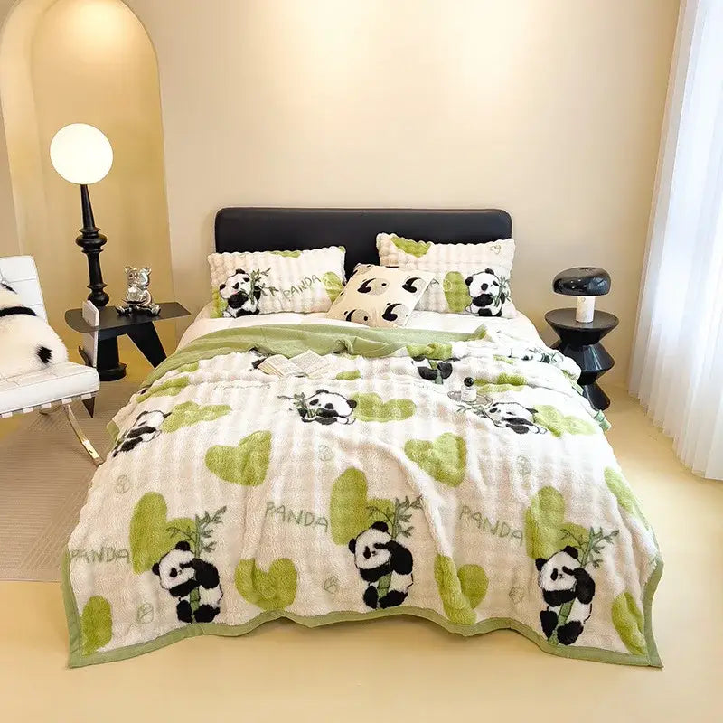 White and green cartoon printed faux rabbit plush blanket bedroom