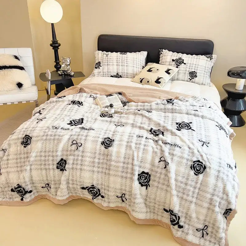 White and green cartoon printed faux rabbit plush blanket bedroom