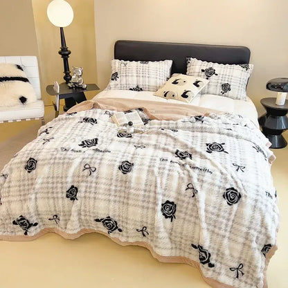 White and green cartoon printed faux rabbit plush blanket bedroom
