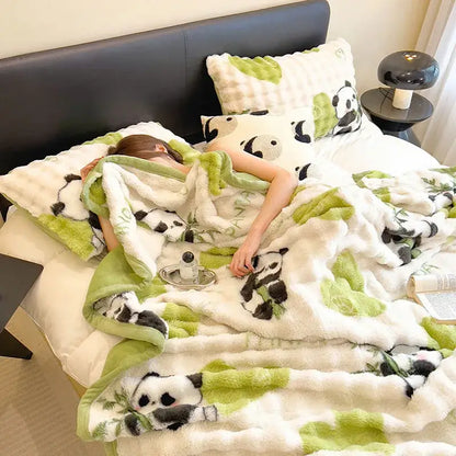 White and green cartoon printed faux rabbit plush blanket bedroom