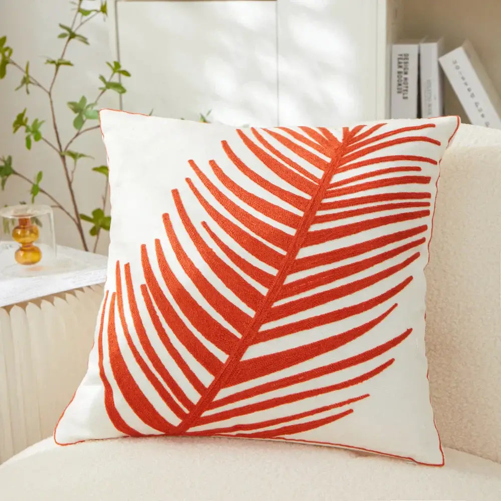 White and olive green embroidered leaf pillow cover living room
