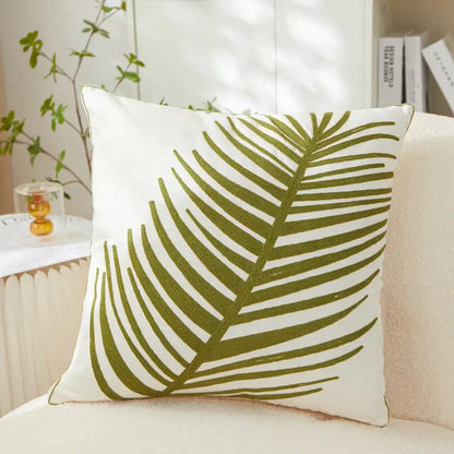 White and olive green embroidered leaf pillow cover living room