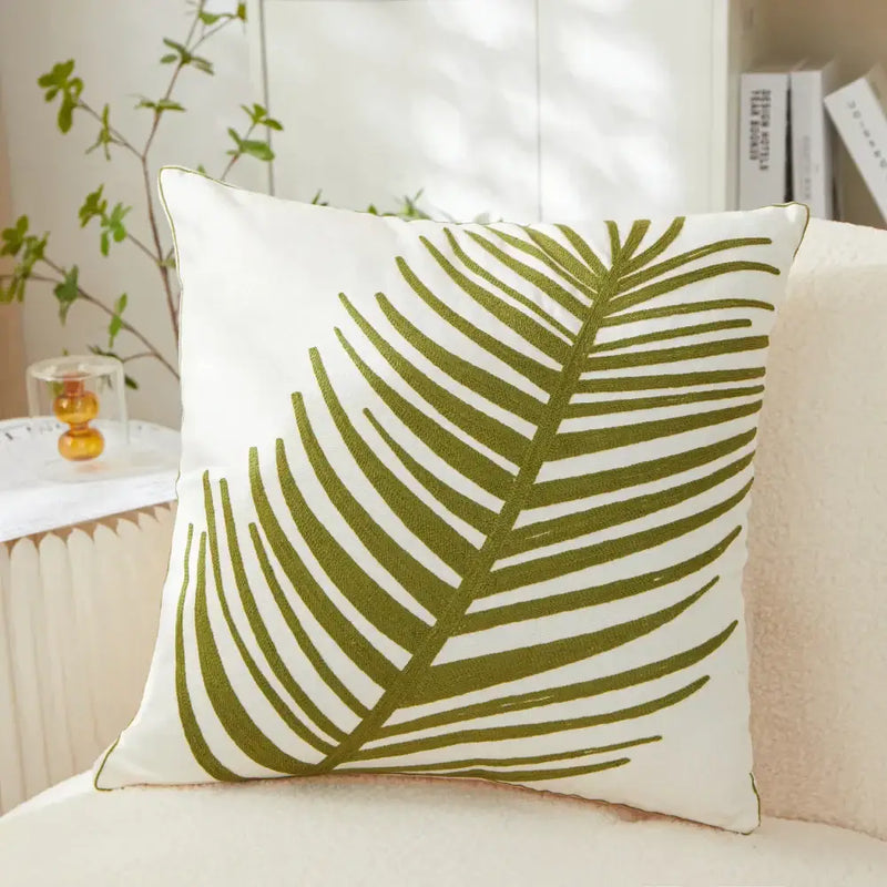 White and olive green embroidered leaf pillow cover living room