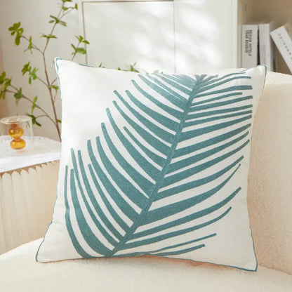 White and olive green embroidered leaf pillow cover living room