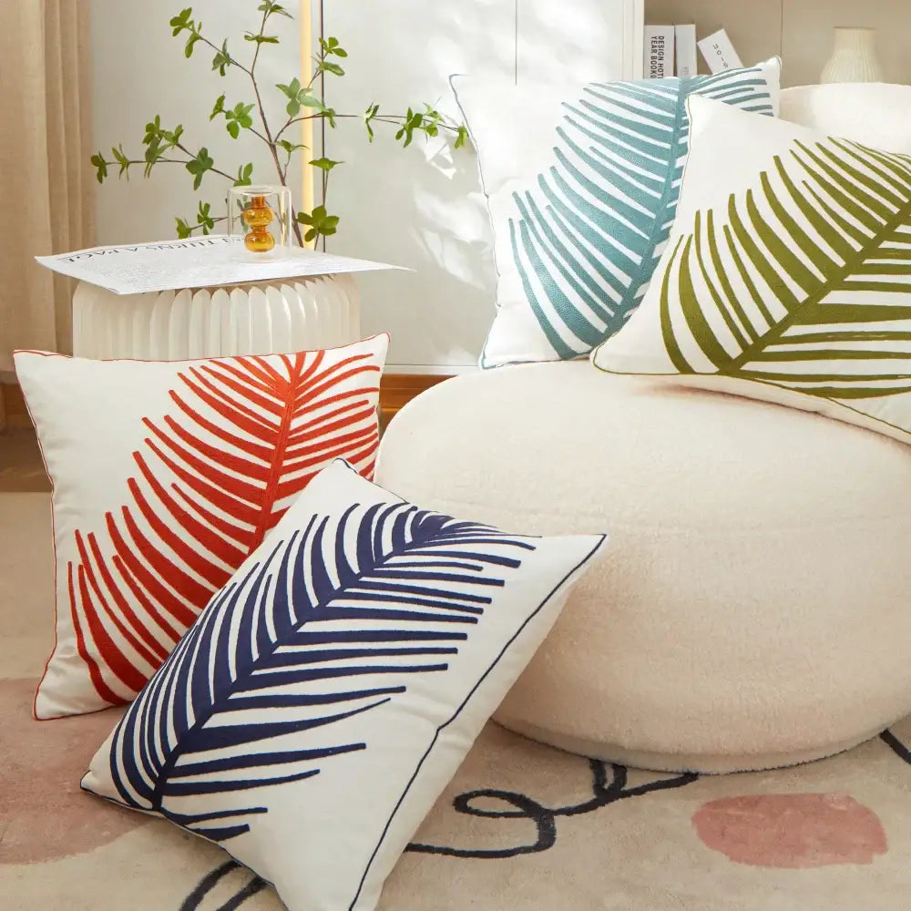 White and olive green embroidered leaf pillow cover living room