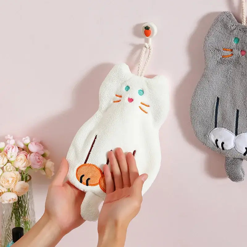 White and orange coral plush cat hand towel bathroom decor