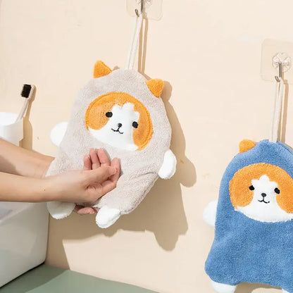 White and orange coral plush cat hand towel bathroom decor