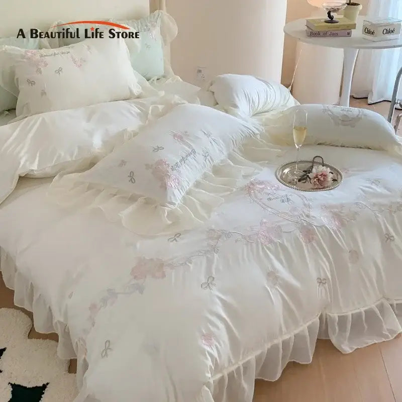 White and pink 4pcs flowers embroidery bedding set bedroom ruffles