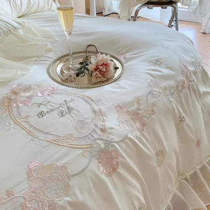 White and pink 4pcs flowers embroidery bedding set bedroom ruffles