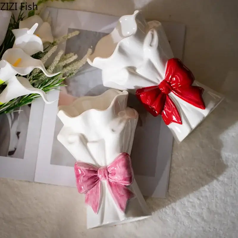 White and pink bowknot ceramic vase living room dress decor