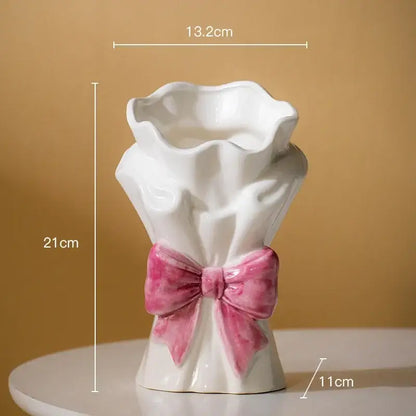 White and pink bowknot ceramic vase living room dress decor