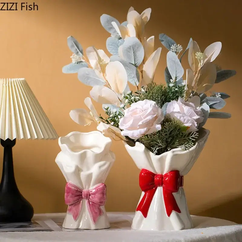 White and pink bowknot ceramic vase living room dress decor