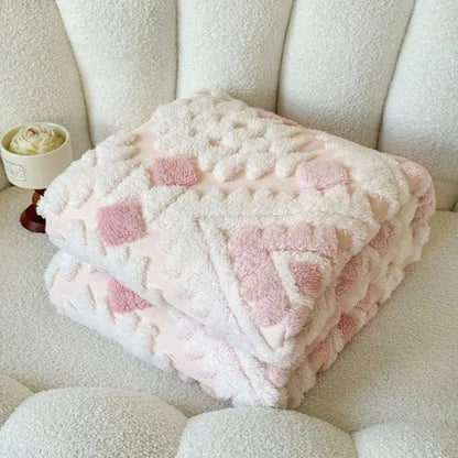 White and pink geometric jacquard taff velvet blanket bedroom throw