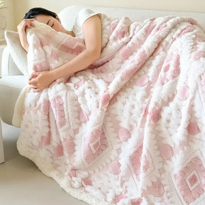 White and pink geometric jacquard taff velvet blanket bedroom throw