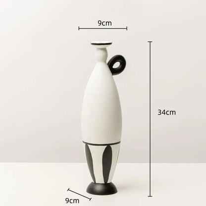 White and terracotta geometric black lines ceramic vase living room decor