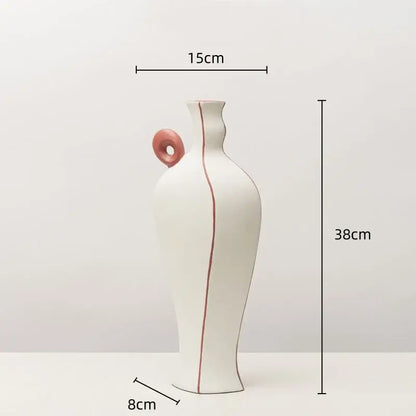 White and terracotta geometric black lines ceramic vase living room decor