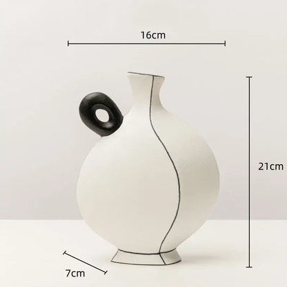 White and terracotta geometric black lines ceramic vase living room decor