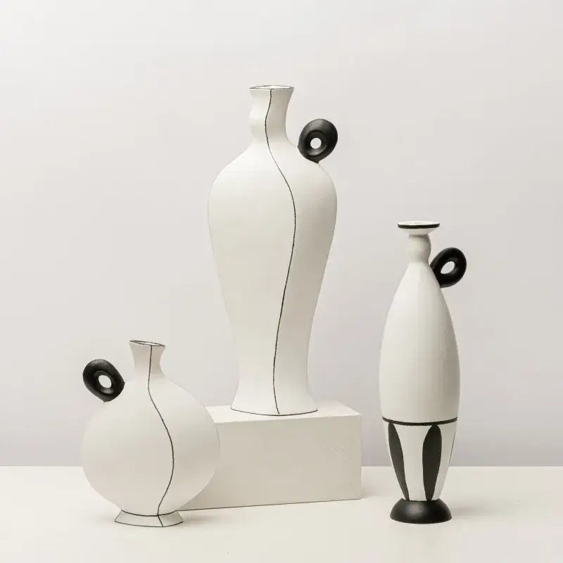 White and terracotta geometric black lines ceramic vase living room decor