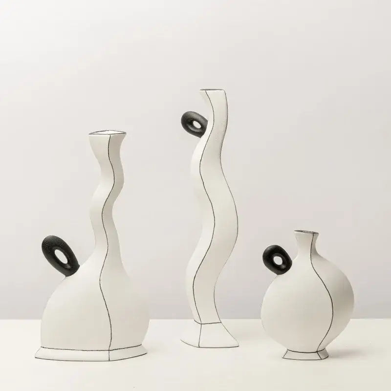 White and terracotta geometric black lines ceramic vase living room decor