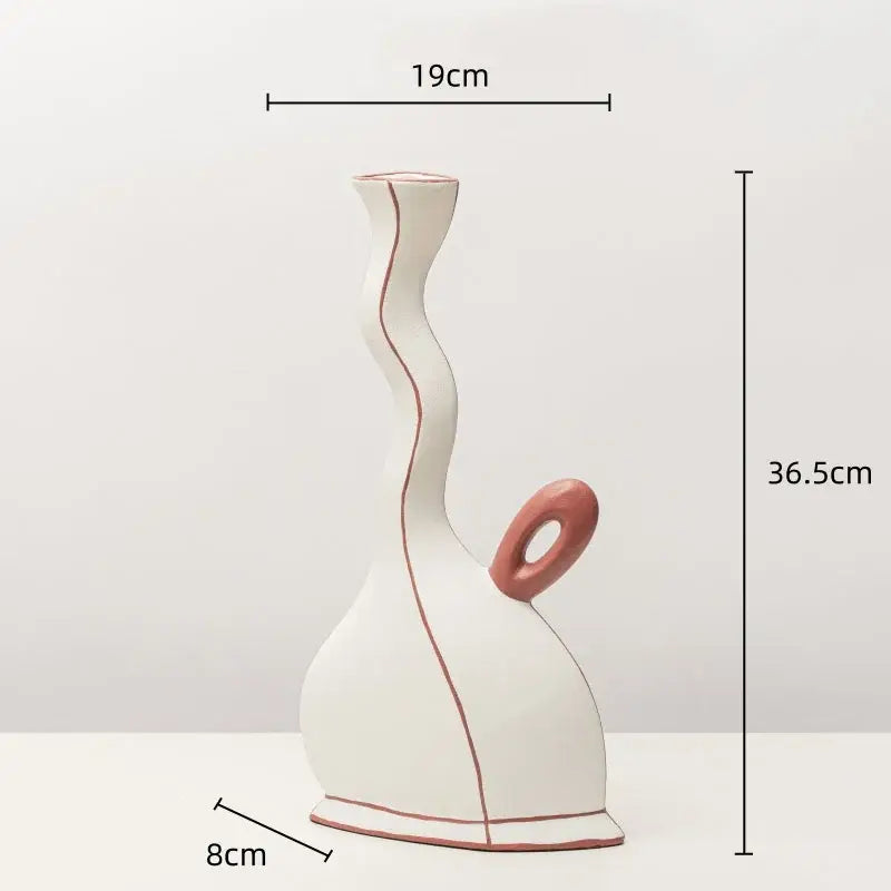 White and terracotta geometric black lines ceramic vase living room decor