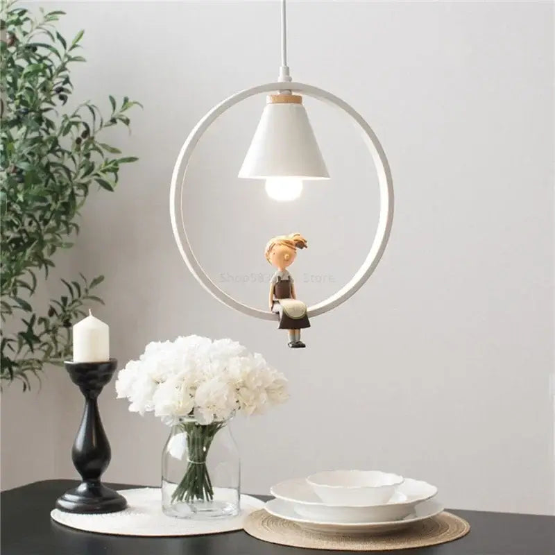 White bird iron ring pendant light for bedroom ceramic decor