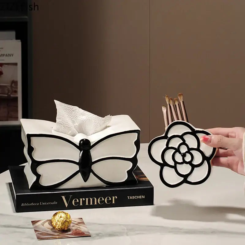White & black butterfly ceramic tissue box bedroom decor