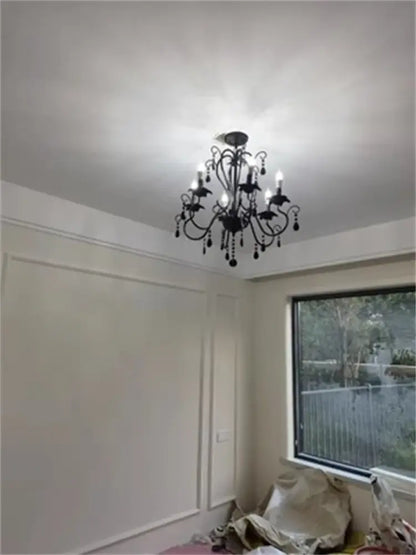 White & black metal chandelier with crystal pendants for dining room