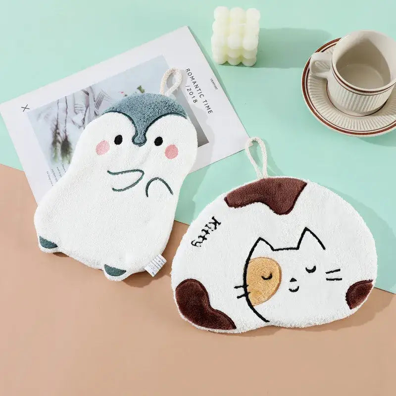 White & brown cartoon animals microfiber hand towels bathroom set