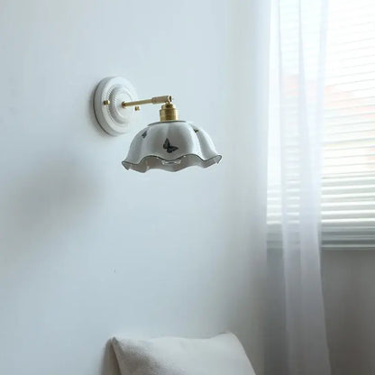 White butterfly ceramic led wall lamp bedroom scalloped sconce