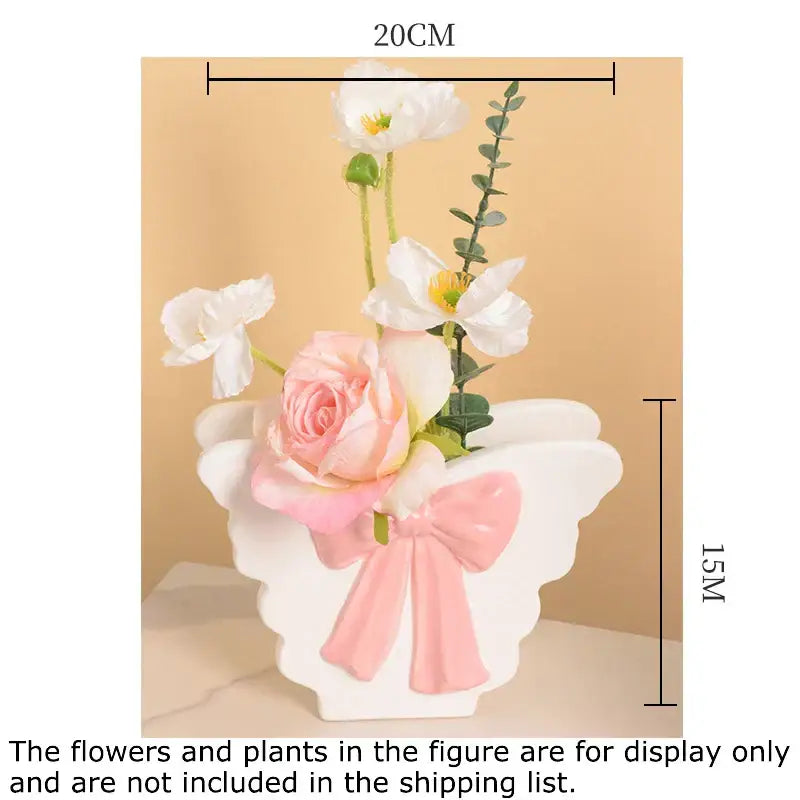 White butterfly ceramic vase with pink bow living room decor