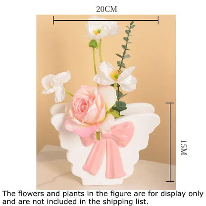 White butterfly ceramic vase with pink bow living room decor
