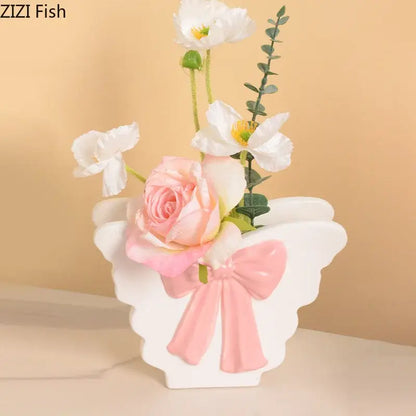 White butterfly ceramic vase with pink bow living room decor