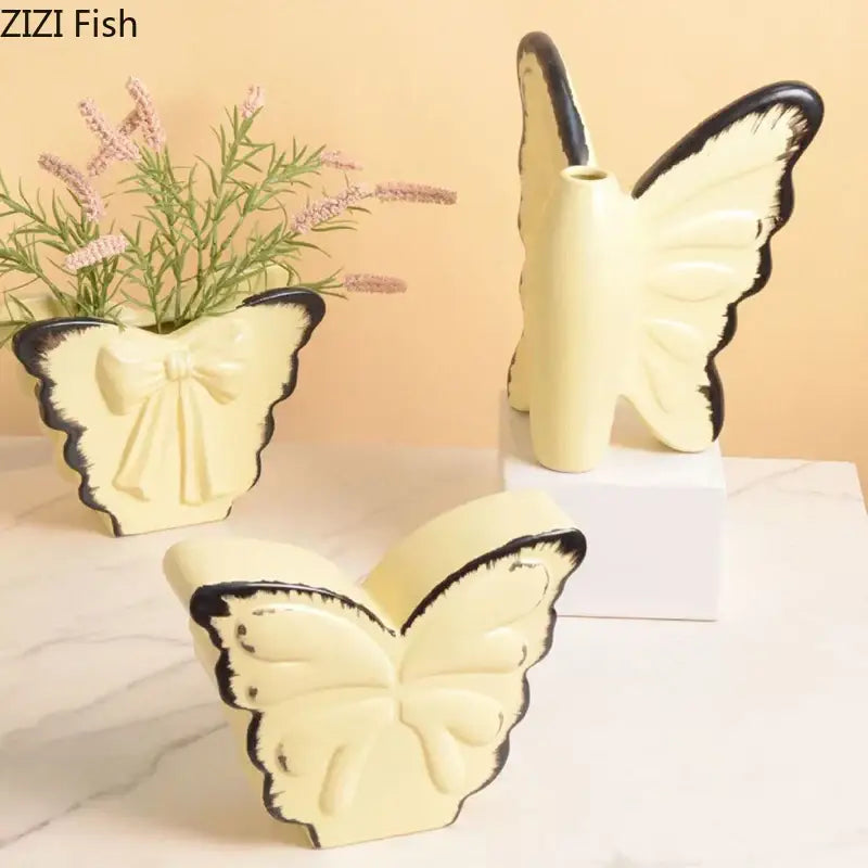 White butterfly ceramic vase with pink bow living room decor