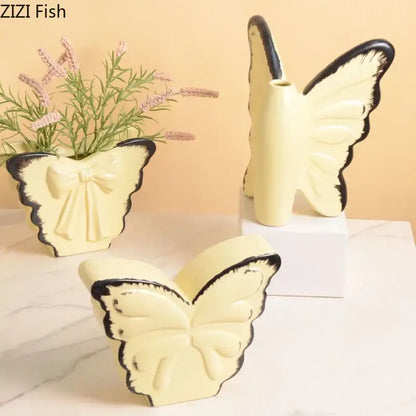 White butterfly ceramic vase with pink bow living room decor