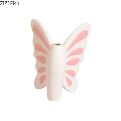 White butterfly ceramic vase with pink bow living room decor