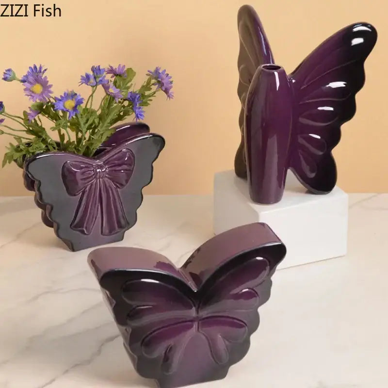White butterfly ceramic vase with pink bow living room decor