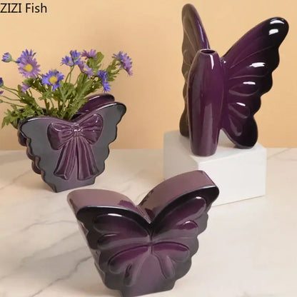 White butterfly ceramic vase with pink bow living room decor