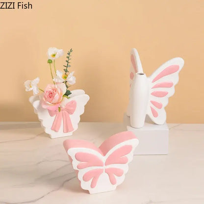 White butterfly ceramic vase with pink bow living room decor