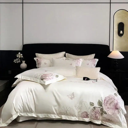 White butterfly flowers embroidery egyptian cotton bedroom bedding set