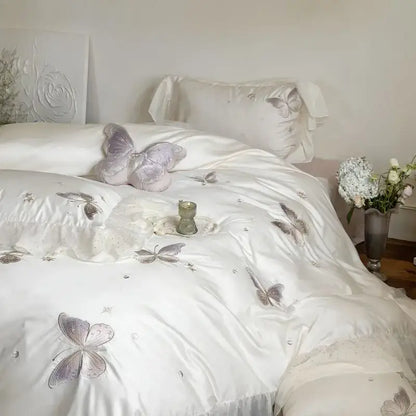 White butterfly lace ruffles bedding set bedroom embroidery