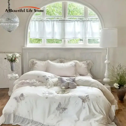 White butterfly lace ruffles bedding set bedroom embroidery