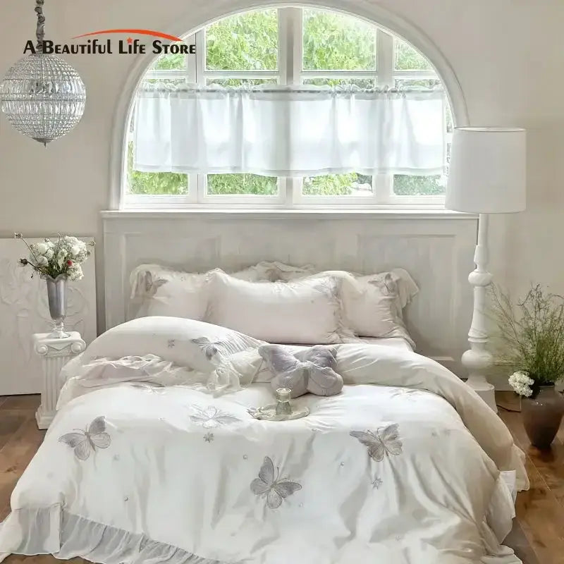 White butterfly lace ruffles bedding set bedroom embroidery