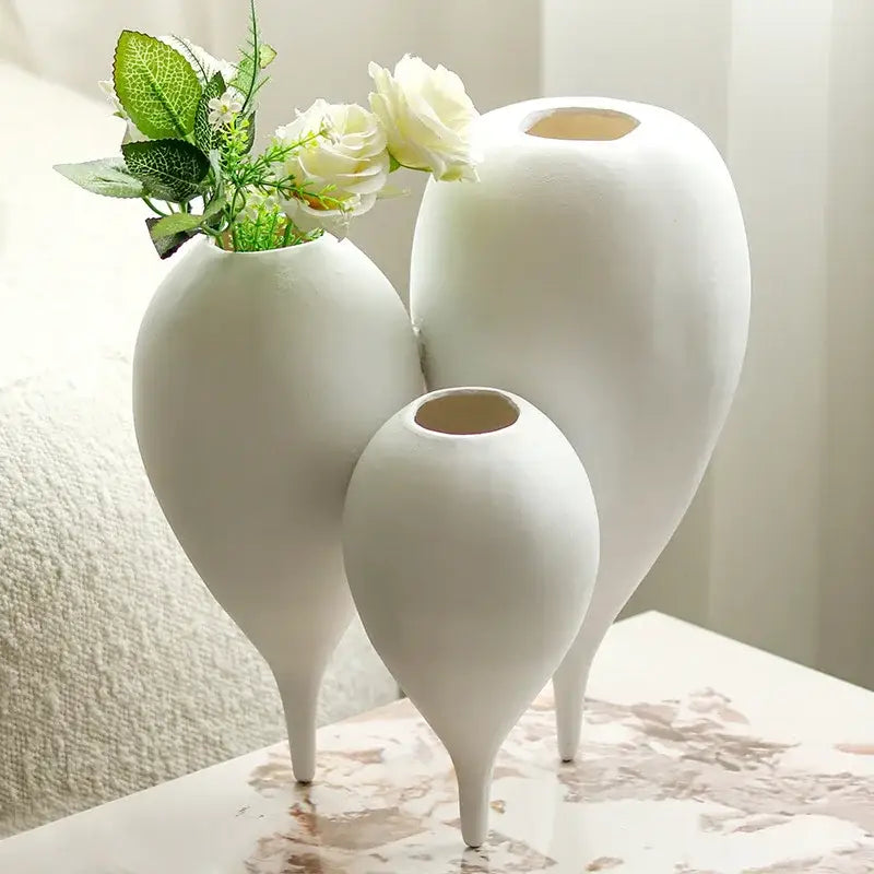 White ceramic balloon geometric vase trio for living room decor